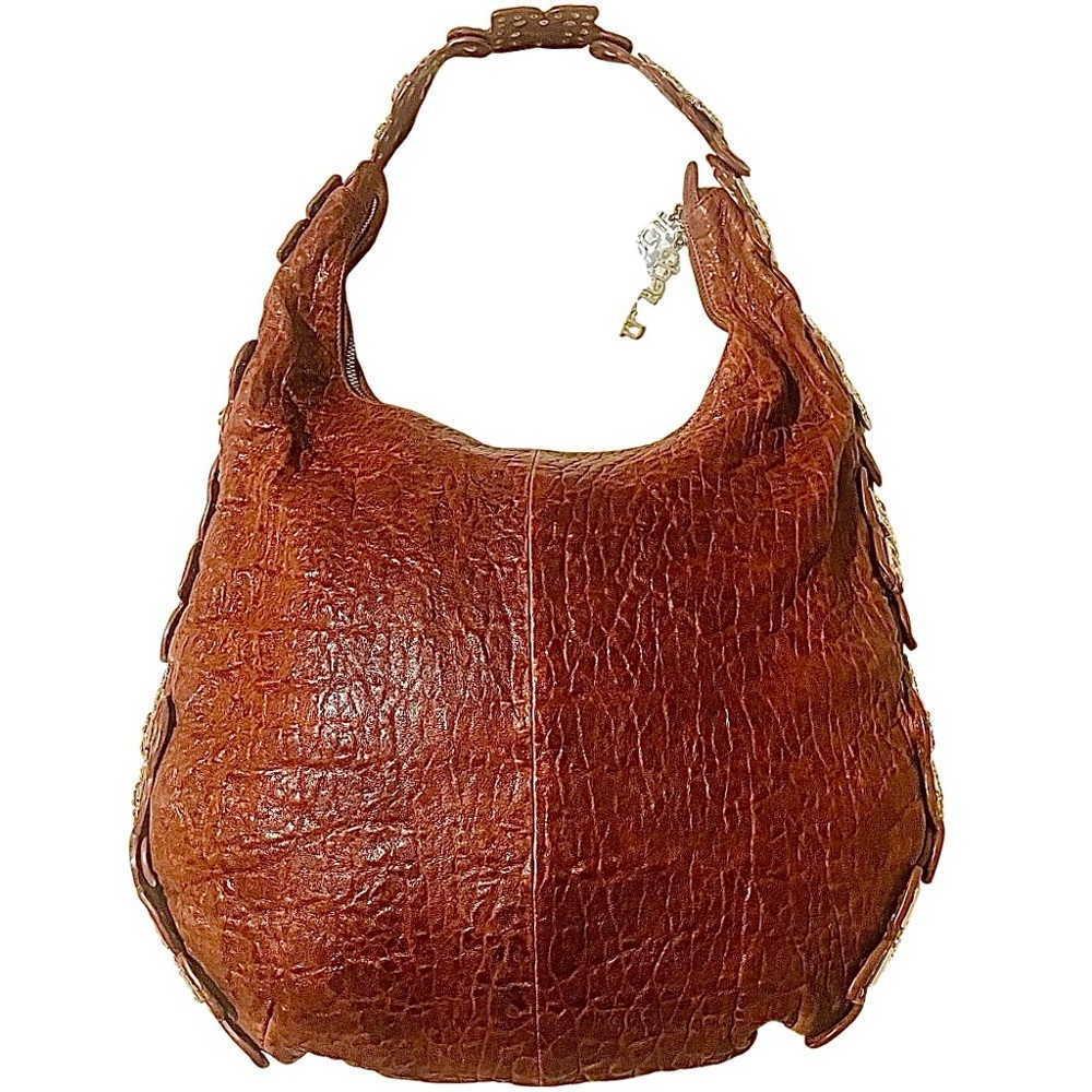 Charm & Luck Brown Textured Leather Embellished Silver & Rhinestone Hobo Bag